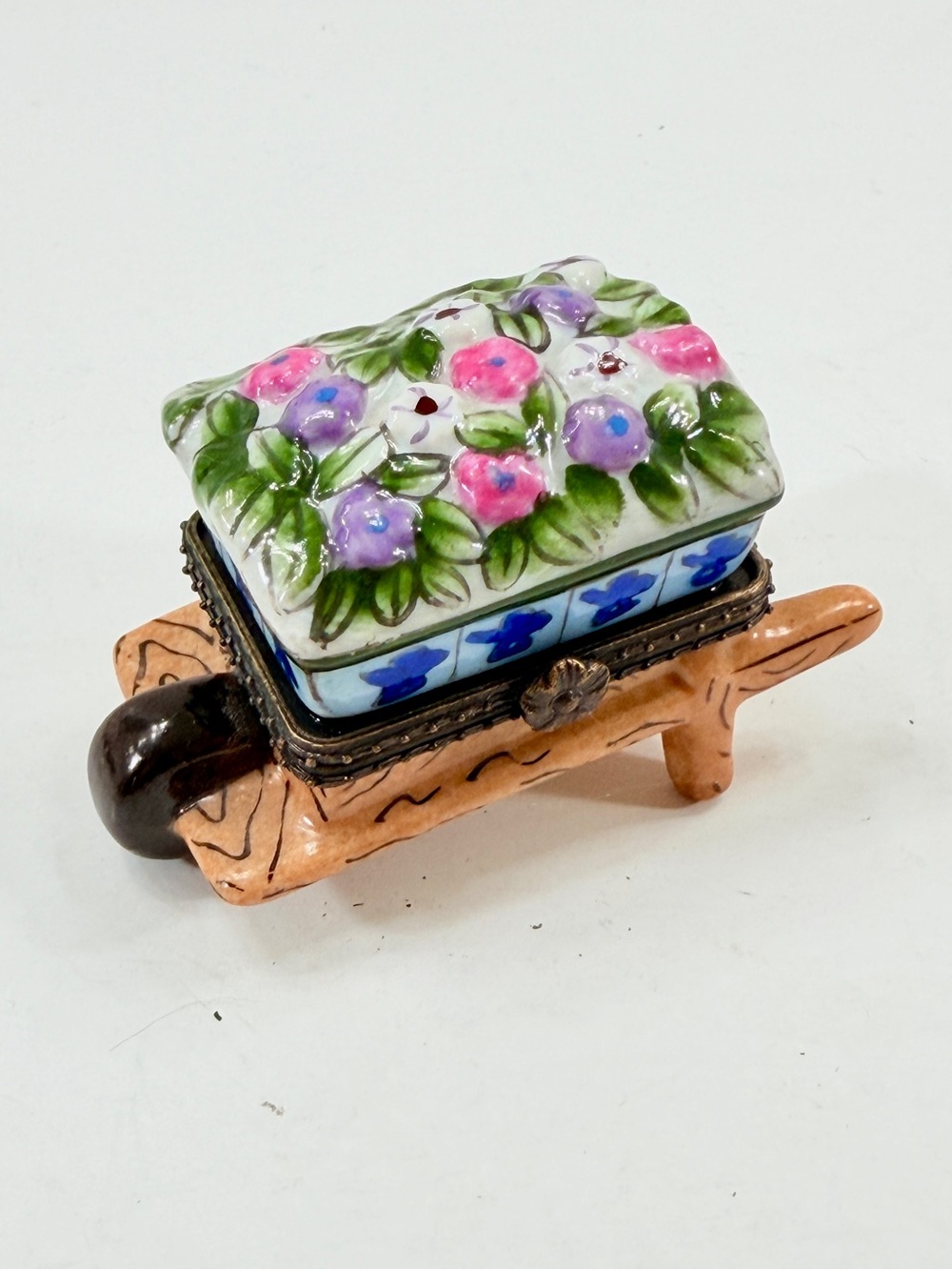 Two's Company Inc. Limoges Style Porcelain Hinged Trinket Box Wheelbarrow Flower
